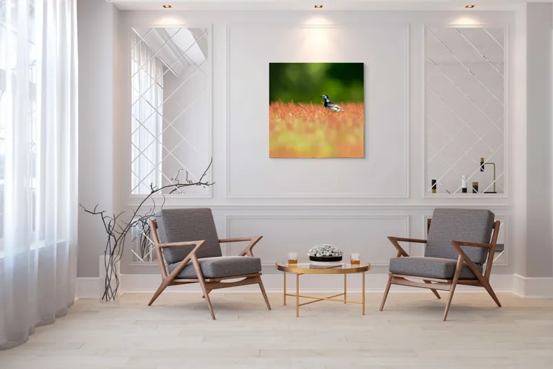 Tablou Canvas, "Pasărea singuratică printre fire roșietice", Pasăre, Câmp, Colorat, Vegetație, Lumină, Singurătate, Natură, 100 x 100 cm – poza 7