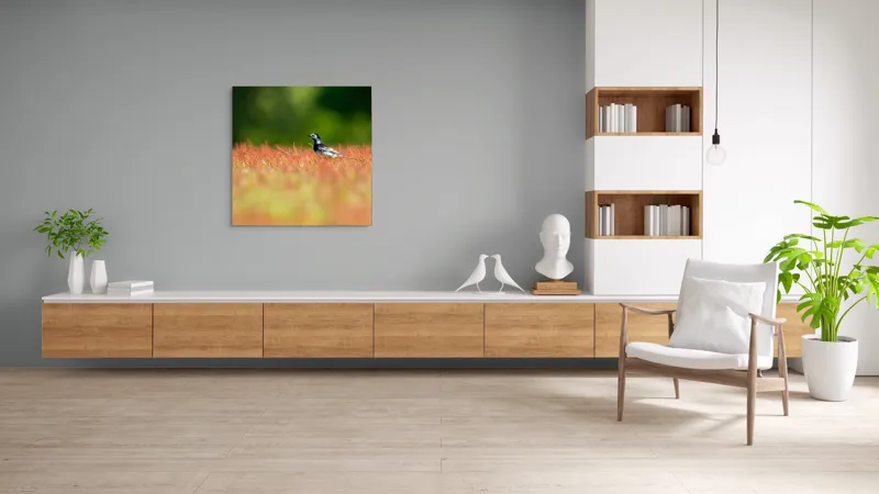 Tablou Canvas, "Pasărea singuratică printre fire roșietice", Pasăre, Câmp, Colorat, Vegetație, Lumină, Singurătate, Natură, 100 x 100 cm – poza 8