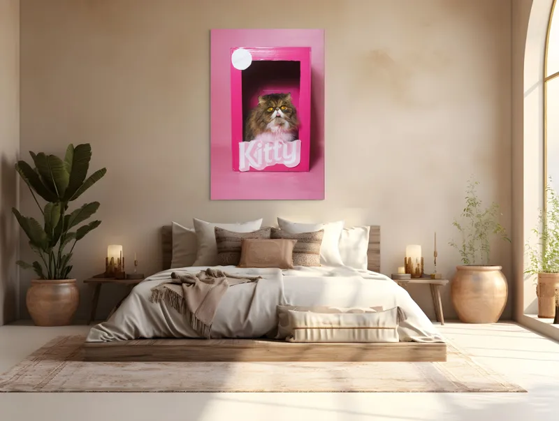 Tablou Canvas, "Pisica regală într-o cutie roz", Pisică, Cutie, Roz, Pufos, Privire, Etichetă, Fundal, Blană, Ochi, Drăguț, 100 x 150 cm – poza 3