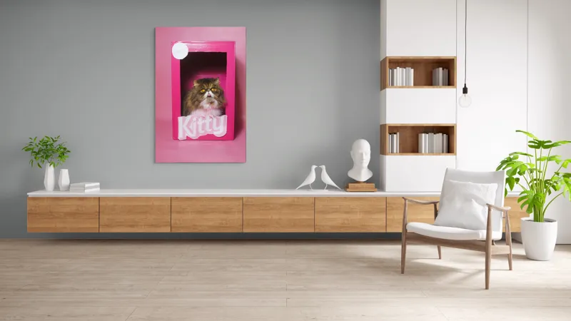 Tablou Canvas, "Pisica regală într-o cutie roz", Pisică, Cutie, Roz, Pufos, Privire, Etichetă, Fundal, Blană, Ochi, Drăguț, 100 x 150 cm – poza 8