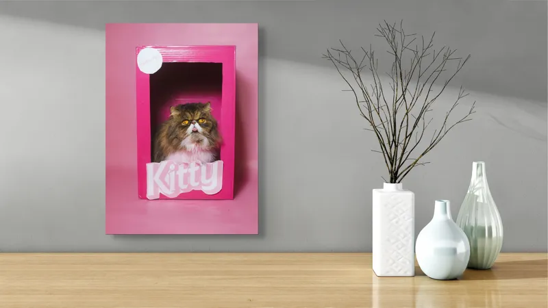 Tablou Canvas, "Pisica regală într-o cutie roz", Pisică, Cutie, Roz, Pufos, Privire, Etichetă, Fundal, Blană, Ochi, Drăguț, 39 x 54 cm – poza 4