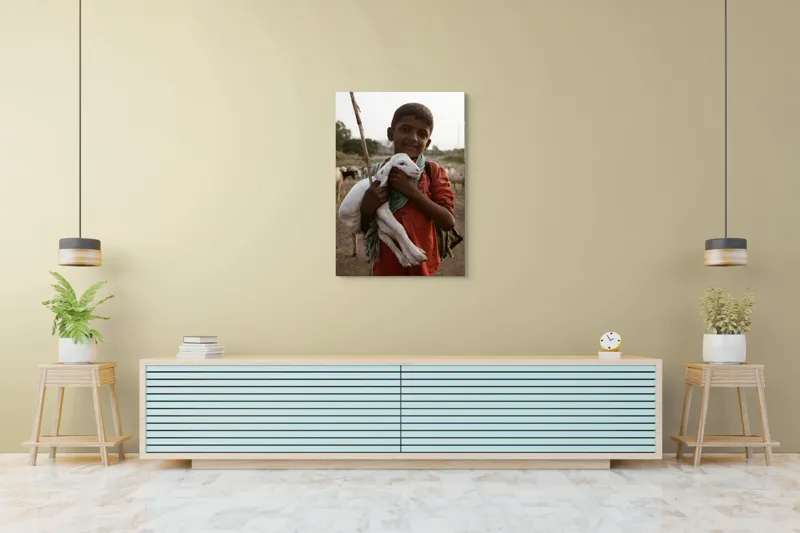 Tablou Canvas, "Băiatul și iedul alb îmbrățișați", 70 x 100 cm – poza 5