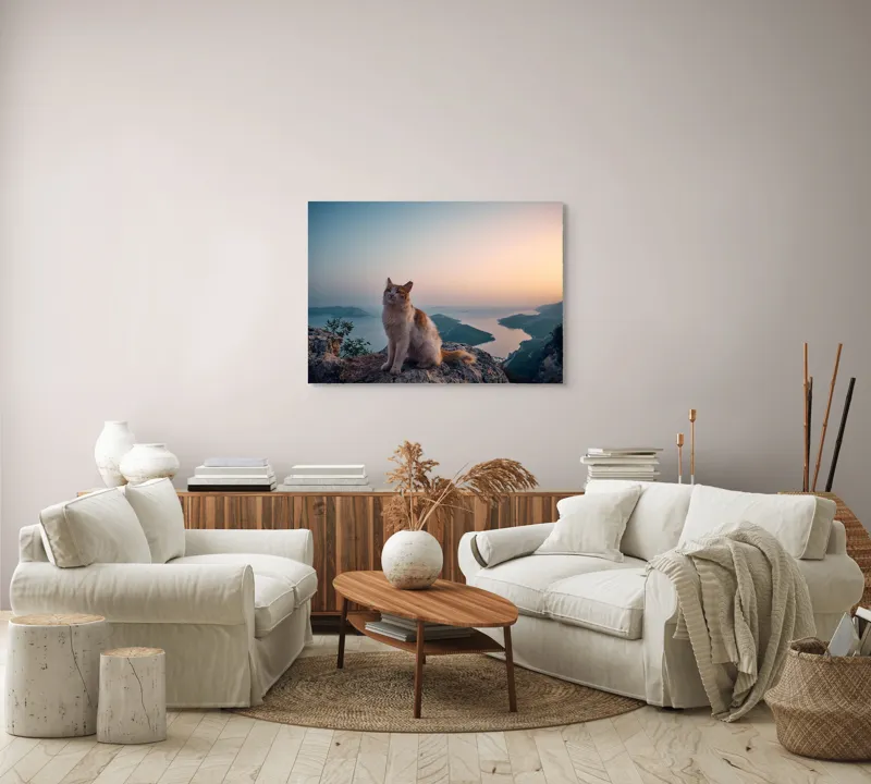Tablou Canvas, "Pisică visătoare la apusul mării", Pisică, Apus, Munte, Mare, Peisaj, Cer, Relaxare, Natură, 100 x 70 cm – poza 3