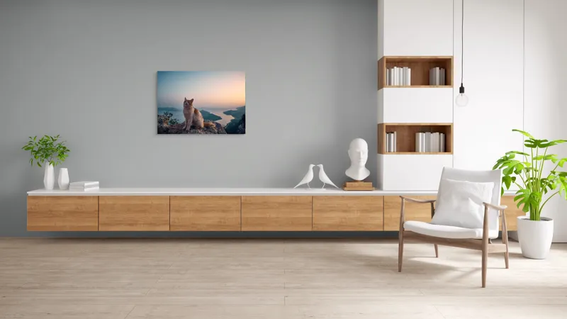 Tablou Canvas, "Pisică visătoare la apusul mării", Pisică, Apus, Munte, Mare, Peisaj, Cer, Relaxare, Natură, 100 x 70 cm – poza 6
