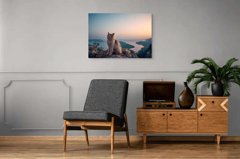 Tablou Canvas, "Pisică visătoare la apusul mării", Pisică, Apus, Munte, Mare, Peisaj, Cer, Relaxare, Natură, 100 x 70 cm – poza 8