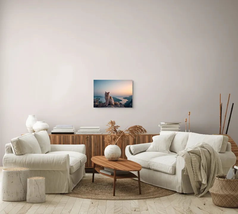 Tablou Canvas, "Pisică visătoare la apusul mării", Pisică, Apus, Munte, Mare, Peisaj, Cer, Relaxare, Natură, 54 x 39 cm – poza 5