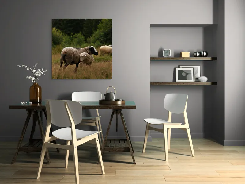 Tablou Canvas, "Mielul la umbra unei ovine", Oaie, Miel, Pășune, Iarbă, Copaci, Natură, Peisaj, Animale, 100 x 100 cm – poza 6
