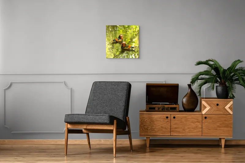 Tablou Canvas, "Mandarine oglindite pe apă liniștită", Mandarina, Apă, Verdeață, Reflecție, Plutire, Natură, Serenitate, Culoare, Păsări, Linie., 50 x 50 cm – poza 6