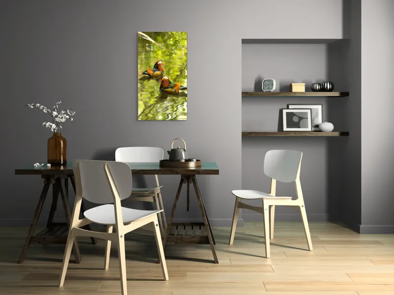 Tablou Canvas, "Mandarine oglindite pe apă liniștită", Mandarina, Apă, Verdeață, Reflecție, Plutire, Natură, Serenitate, Culoare, Păsări, Linie., 50 x 90 cm – poza 4