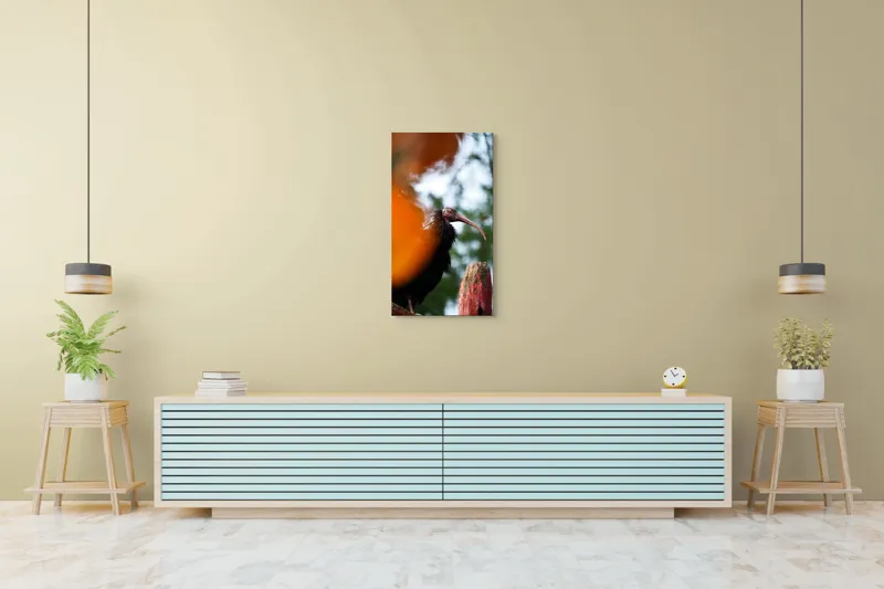 Tablou Canvas, "Pasărea misterioasă printre frunze portocalii", Pasăre, Penaj, Cioc, Culori, Fundal, Vegetație, Ramură, Privire, Contrast, Perspectivă, 50 x 90 cm – poza 6