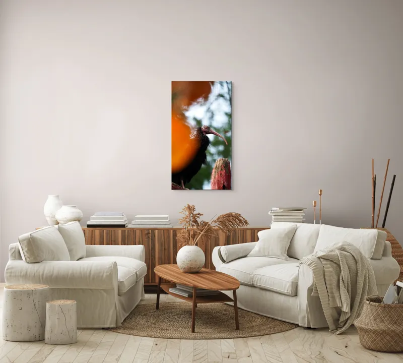 Tablou Canvas, "Pasărea misterioasă printre frunze portocalii", Pasăre, Penaj, Cioc, Culori, Fundal, Vegetație, Ramură, Privire, Contrast, Perspectivă, 50 x 90 cm – poza 7