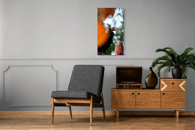 Tablou Canvas, "Pasărea misterioasă printre frunze portocalii", Pasăre, Penaj, Cioc, Culori, Fundal, Vegetație, Ramură, Privire, Contrast, Perspectivă, 50 x 90 cm – poza 8
