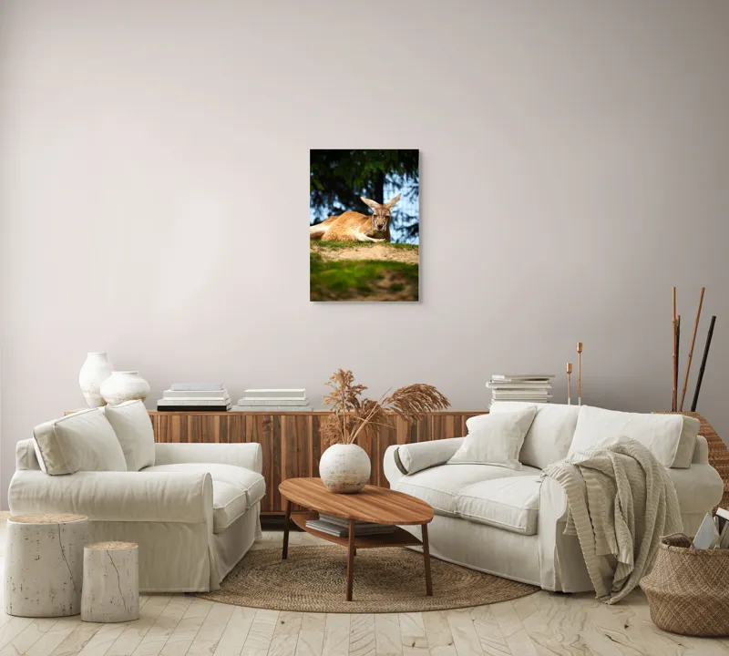Tablou Canvas, "Kangur relaxându-se pe colină verde", Cangur, Relaxat, Iarbă, Blană, Urechi, Odihnă, Natură, Vegetație, Cer, Lumina, Peisaj, Tranquilitate, 50 x 70 cm – poza 4