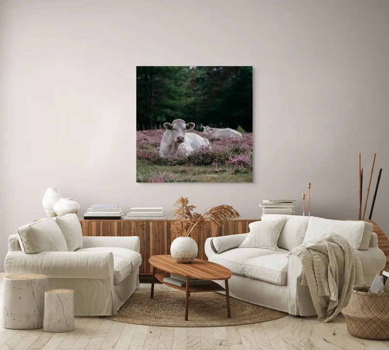 Tablou Canvas, "Vaci odihnindu-se pe lunci movii", Vacă, Plante, Pajiște, Natură, Relaxare, Copaci, Verde, Roz, Cer, Tranquilitate, 100 x 100 cm – poza 3