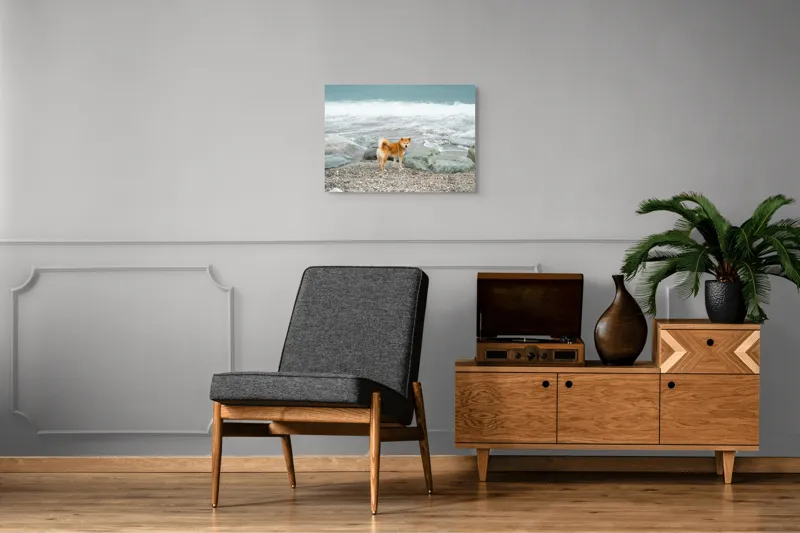 Tablou Canvas, "Câine în peisajul marin stâncos", Câine, Plajă, Valuri, Stânci, Mare, Nisip, Natură, Liniște, 70 x 50 cm – poza 4