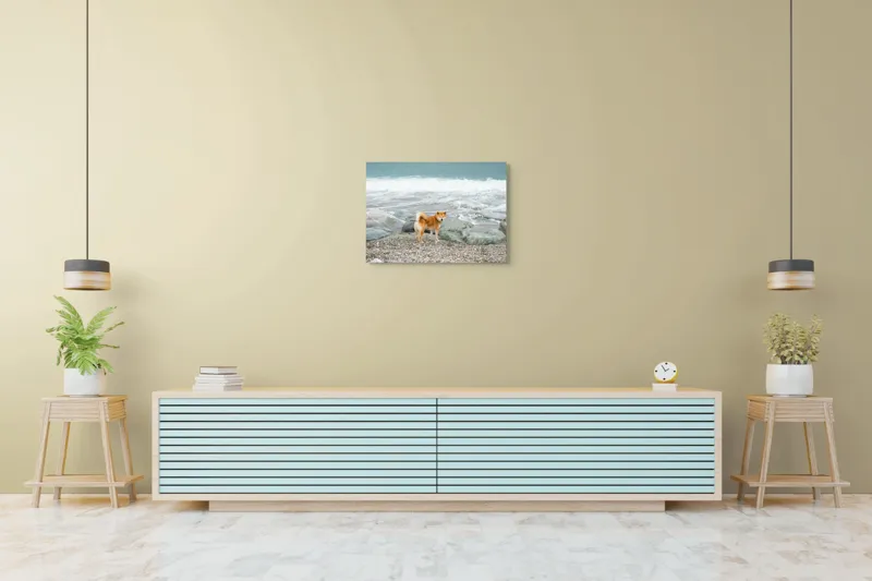 Tablou Canvas, "Câine în peisajul marin stâncos", Câine, Plajă, Valuri, Stânci, Mare, Nisip, Natură, Liniște, 70 x 50 cm – poza 7