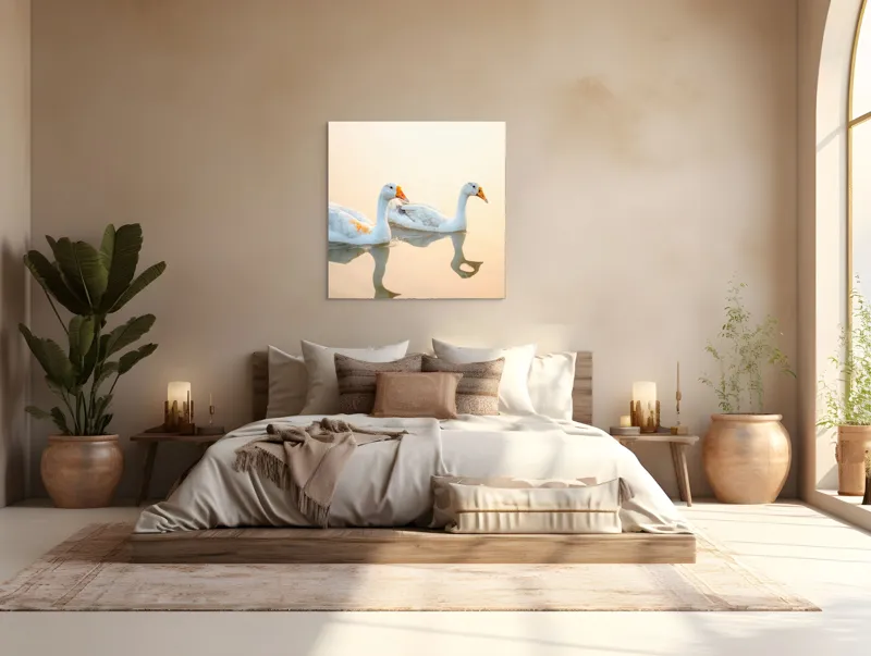 Tablou Canvas, "Lebede alunecând pe oglinda apei", Rațe, Apă, Reflecție, Apus, Liniște, Serenitate, Natură, Paznicie, 100 x 100 cm – poza 4