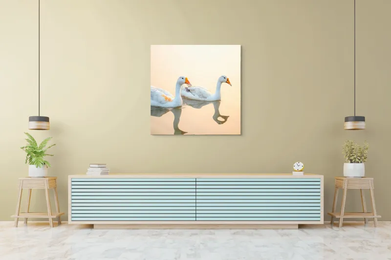 Tablou Canvas, "Lebede alunecând pe oglinda apei", Rațe, Apă, Reflecție, Apus, Liniște, Serenitate, Natură, Paznicie, 100 x 100 cm – poza 5