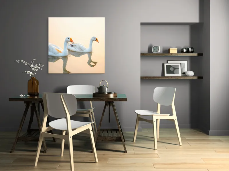 Tablou Canvas, "Lebede alunecând pe oglinda apei", Rațe, Apă, Reflecție, Apus, Liniște, Serenitate, Natură, Paznicie, 100 x 100 cm – poza 6