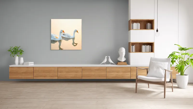 Tablou Canvas, "Lebede alunecând pe oglinda apei", Rațe, Apă, Reflecție, Apus, Liniște, Serenitate, Natură, Paznicie, 100 x 100 cm – poza 8