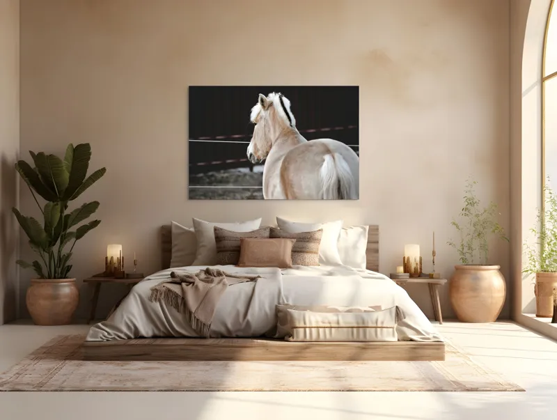 Tablou Canvas, "Privirea calului spre orizont", Cal, Blondețea, Gard, Blândețe, Natural, Fermoar, Zare, Eleganță, 150 x 100 cm – poza 4