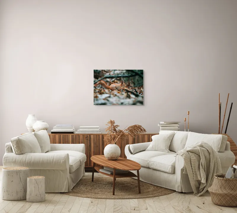 Tablou Canvas, "Veverița printre frunzele uscate", Veveriță, Frunze, Pădure, Neclaritate, Toamnă, 70 x 50 cm – poza 6