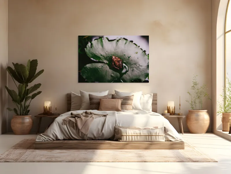 Tablou Canvas, "Broasca pe frunza de lotus verde", Broască, Lilioac, Apă, Frunze, Natură, 150 x 100 cm – poza 4