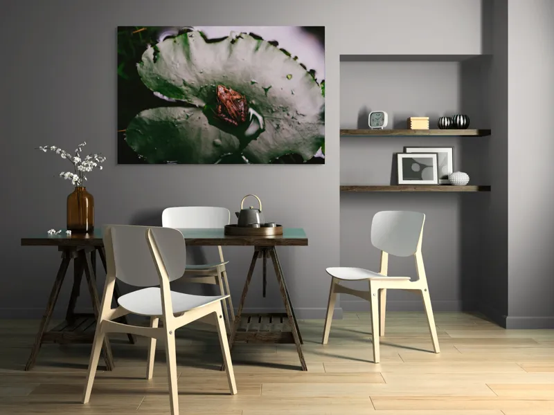Tablou Canvas, "Broasca pe frunza de lotus verde", Broască, Lilioac, Apă, Frunze, Natură, 150 x 100 cm – poza 5