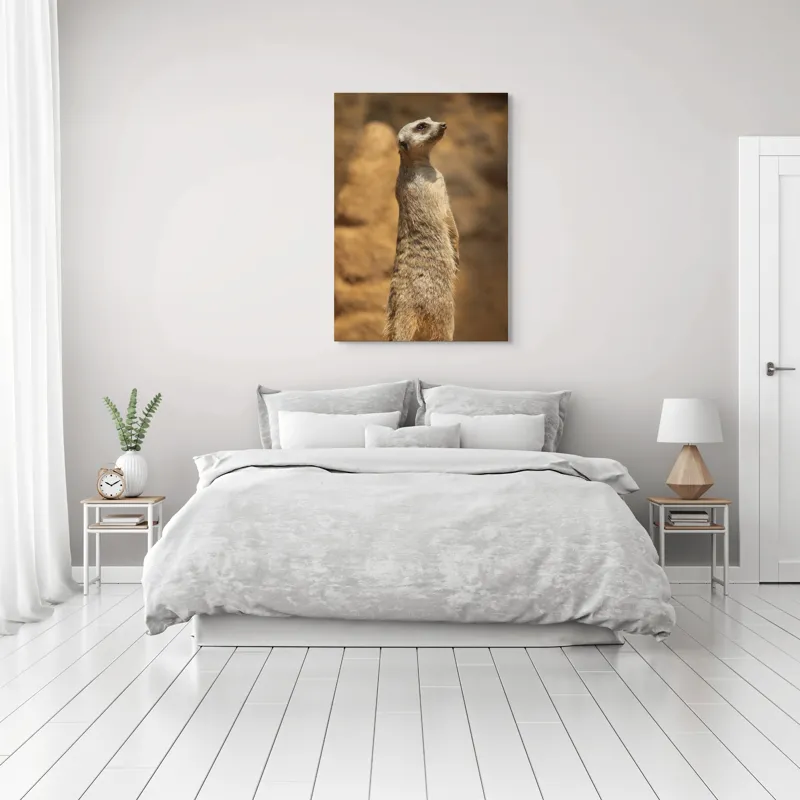 Tablou Canvas, "Suricata în poziție de veghe", Meerkat, Vigilează, Alertă, Soare, Nisip, Stâncă, Blană, Observație, 70 x 100 cm – poza 3