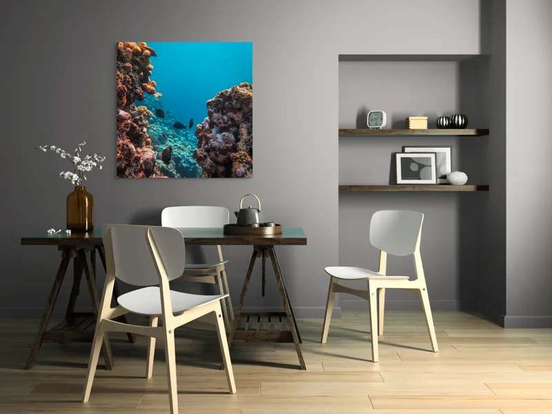 Tablou Canvas, "Adâncurile misterioase ale oceanelor albastre", Corali, Pești, Albastru, Ocean, Scufundare, Roci, Viață, Marine, Lumini, Adâncuri, 100 x 100 cm – poza 6