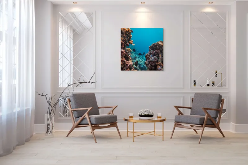 Tablou Canvas, "Adâncurile misterioase ale oceanelor albastre", Corali, Pești, Albastru, Ocean, Scufundare, Roci, Viață, Marine, Lumini, Adâncuri, 100 x 100 cm – poza 7