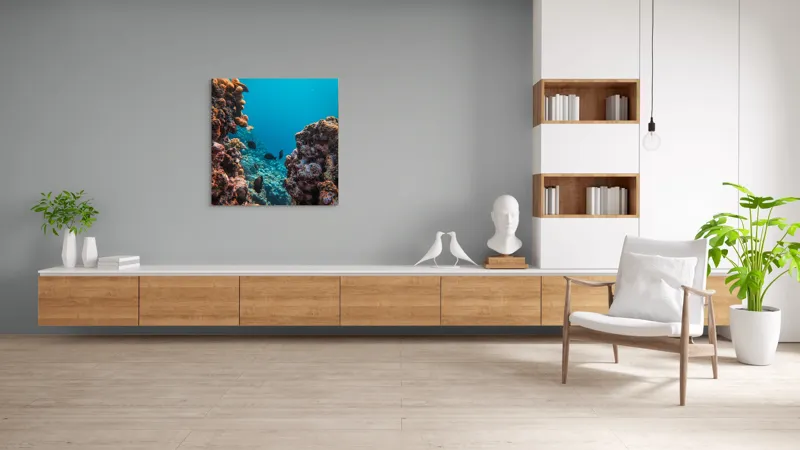 Tablou Canvas, "Adâncurile misterioase ale oceanelor albastre", Corali, Pești, Albastru, Ocean, Scufundare, Roci, Viață, Marine, Lumini, Adâncuri, 100 x 100 cm – poza 8