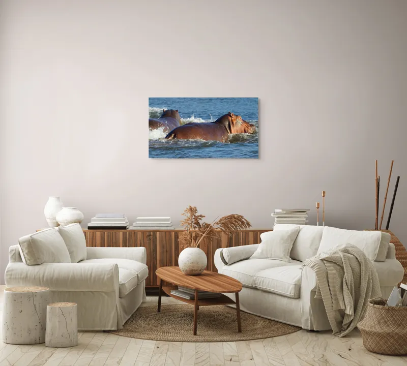 Tablou Canvas, "Hipopotami în apele râului liniștit", Apă, Hipopotam, Valuri, Natură, Albastru, Mișcare, Sălbăticie, 90 x 50 cm – poza 4