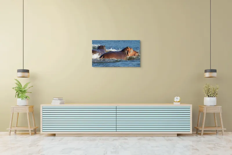 Tablou Canvas, "Hipopotami în apele râului liniștit", Apă, Hipopotam, Valuri, Natură, Albastru, Mișcare, Sălbăticie, 90 x 50 cm – poza 5