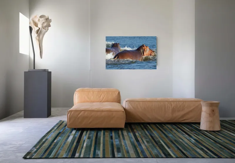 Tablou Canvas, "Hipopotami în apele râului liniștit", Apă, Hipopotam, Valuri, Natură, Albastru, Mișcare, Sălbăticie, 90 x 50 cm – poza 8