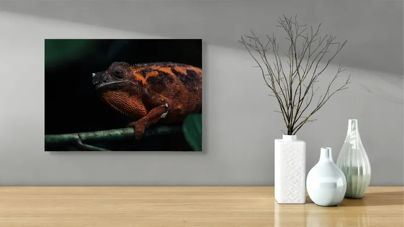 Tablou Canvas, "Cameleonul în umbra frunzelor verzi", Șopârlă, Camuflaj, Textură, Natură, Frunziș, Contrast, Ochii, Reptilă, 54 x 39 cm – poza 3