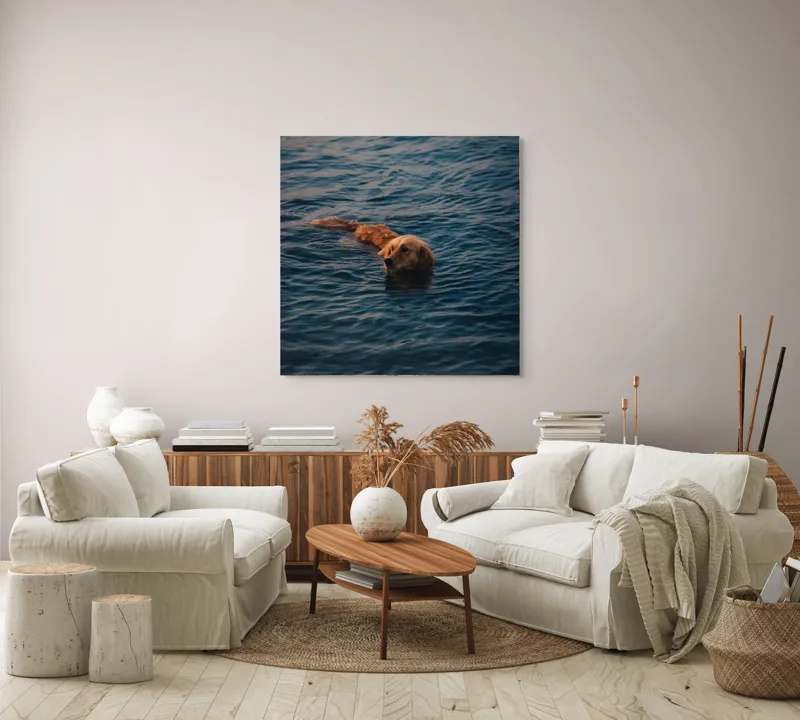 Tablou Canvas, "Aurora în valuri misterioase ale mării", Câine, Apă, Înot, Blană, Seninătate, Reflexie, Valuri, Calm, Aur, Libertate, 100 x 100 cm – poza 3
