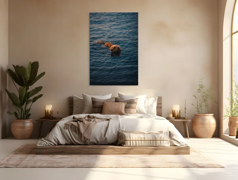Tablou Canvas, "Aurora în valuri misterioase ale mării", Câine, Apă, Înot, Blană, Seninătate, Reflexie, Valuri, Calm, Aur, Libertate, 100 x 150 cm – poza 3