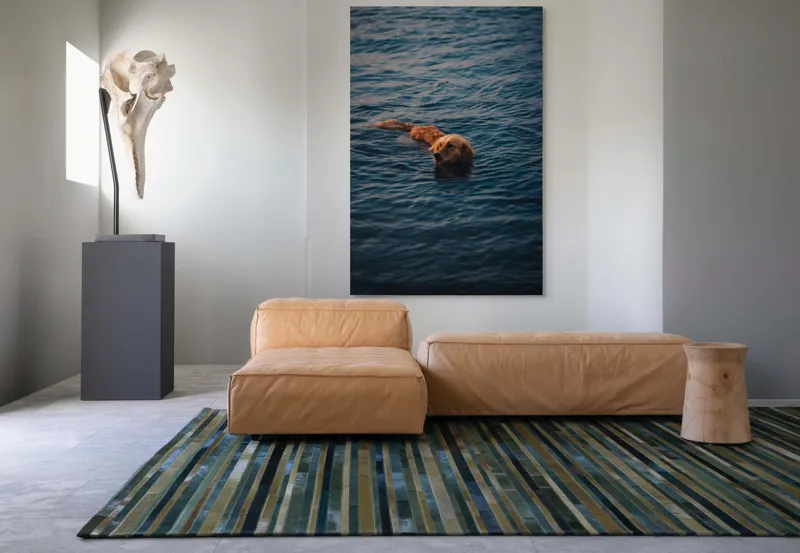 Tablou Canvas, "Aurora în valuri misterioase ale mării", Câine, Apă, Înot, Blană, Seninătate, Reflexie, Valuri, Calm, Aur, Libertate, 100 x 150 cm – poza 7