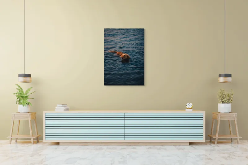 Tablou Canvas, "Aurora în valuri misterioase ale mării", Câine, Apă, Înot, Blană, Seninătate, Reflexie, Valuri, Calm, Aur, Libertate, 70 x 100 cm – poza 5