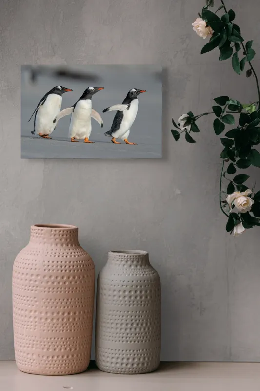 Tablou Canvas, "Pinguini în marș pe plajă", Pinguini, Mers, Plajă, Aripi, Galben, Negru, Marin, Distracție, Familie, Frig., 39 x 26 cm – poza 4