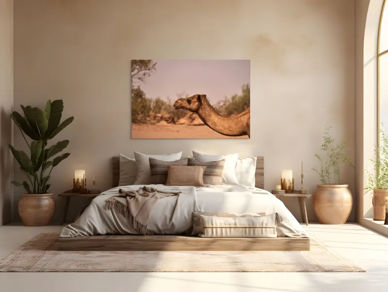 Tablou Canvas, "Călătorie prin deșertul arid", Deșert, Cămilă, Nisip, Vegetație, Cer, Natură, Sălbăticie, Umedală, 150 x 100 cm – poza 4