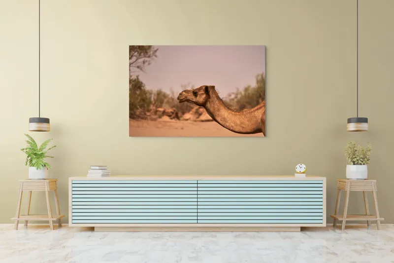 Tablou Canvas, "Călătorie prin deșertul arid", Deșert, Cămilă, Nisip, Vegetație, Cer, Natură, Sălbăticie, Umedală, 150 x 100 cm – poza 6