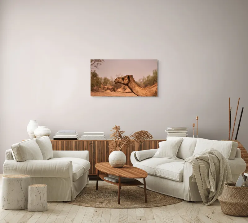 Tablou Canvas, "Călătorie prin deșertul arid", Deșert, Cămilă, Nisip, Vegetație, Cer, Natură, Sălbăticie, Umedală, 90 x 50 cm – poza 4