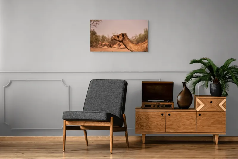 Tablou Canvas, "Călătorie prin deșertul arid", Deșert, Cămilă, Nisip, Vegetație, Cer, Natură, Sălbăticie, Umedală, 90 x 50 cm – poza 6