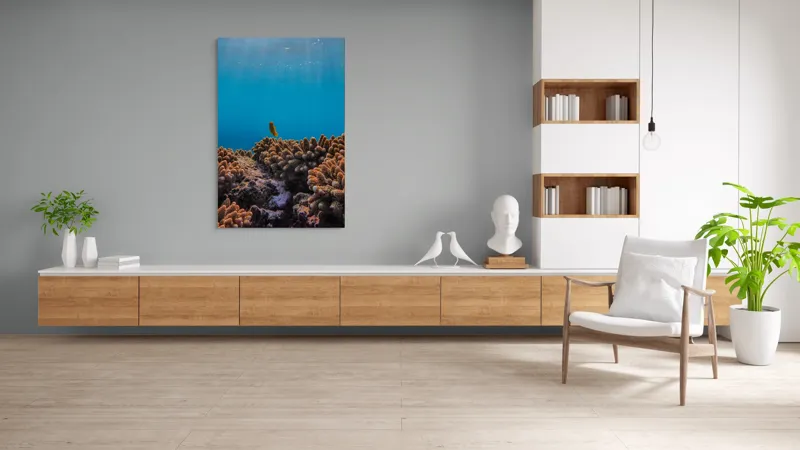 Tablou Canvas, "Exploratorul solitar al recifului albastru", Corali, Pește, Ocean, Albastru, Scufundare, Marine, Explorare, Lumină, Acvatic., 100 x 150 cm – poza 8