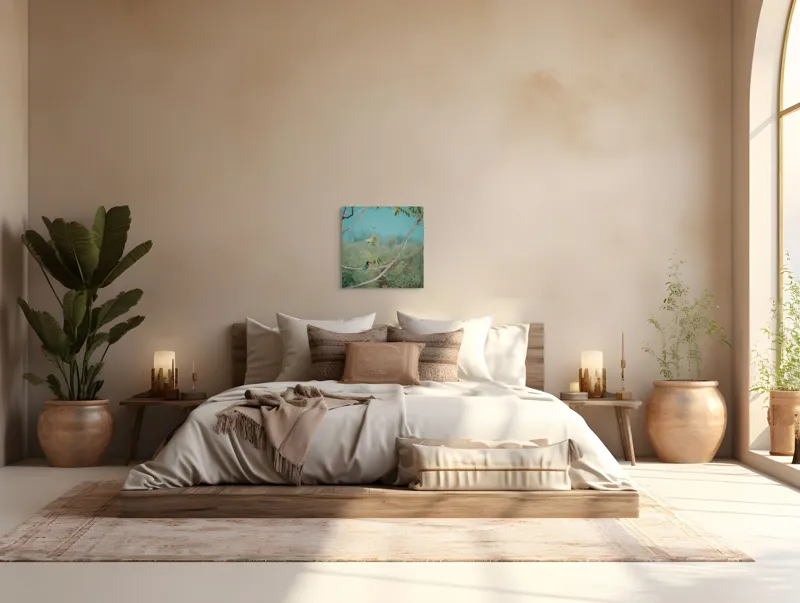 Tablou Canvas, "Pasărea albastră pe ramură subțire", Albastru, Frunziș, Pasăre, Ramură, Cer, Verde, Lumină, Natură, Tranquilitate, Frumusețe, 50 x 50 cm – poza 5