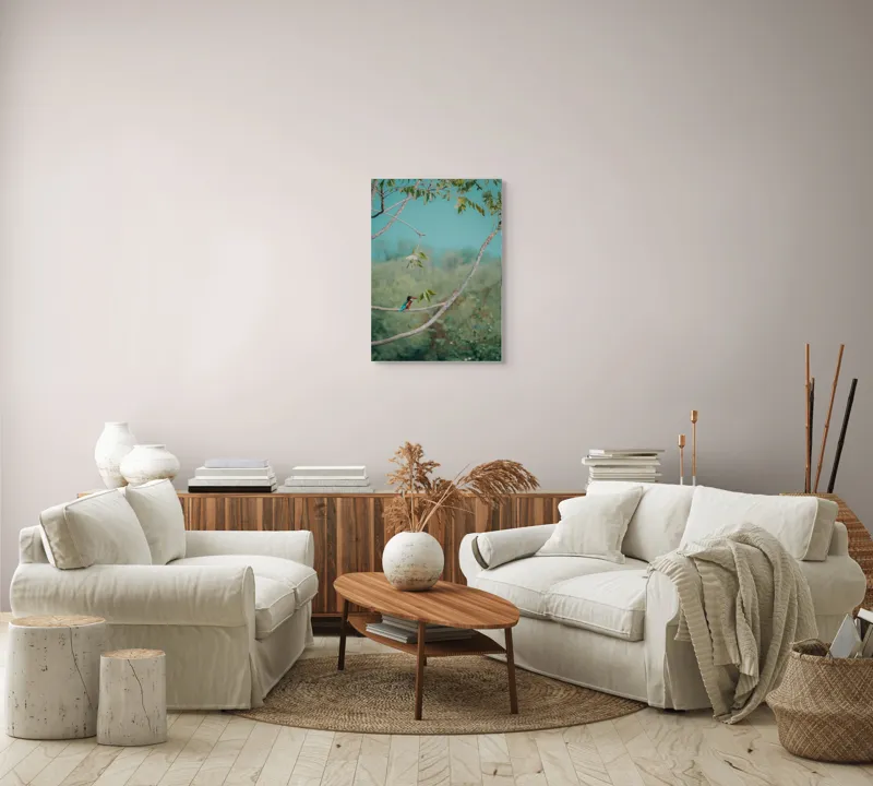 Tablou Canvas, "Pasărea albastră pe ramură subțire", Albastru, Frunziș, Pasăre, Ramură, Cer, Verde, Lumină, Natură, Tranquilitate, Frumusețe, 50 x 70 cm – poza 4