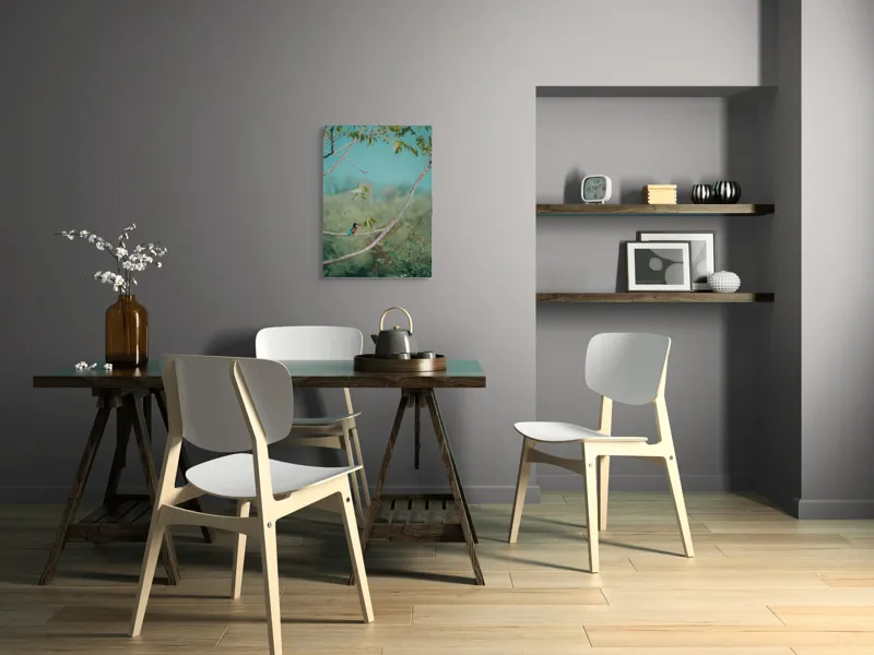 Tablou Canvas, "Pasărea albastră pe ramură subțire", Albastru, Frunziș, Pasăre, Ramură, Cer, Verde, Lumină, Natură, Tranquilitate, Frumusețe, 50 x 70 cm – poza 5