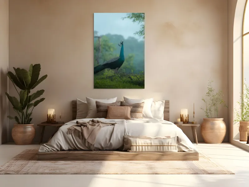 Tablou Canvas, "Pavo strălucitor în zori verzi", Păun, Verdeață, Ceață, Eleganță, Natură, Serenitate, Frumusețe, Pădure, Siluetă, Mister., 100 x 150 cm – poza 3